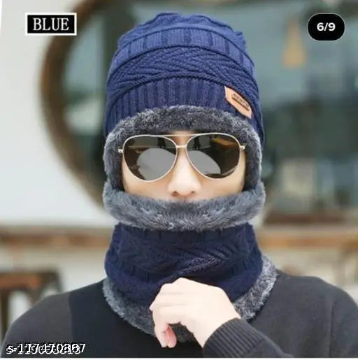 Navy wool textured balaclava cap with muffler for men, ideal for cold weather outings