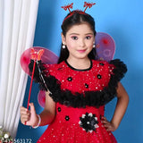 Enchanting fairy net dress with wings, headband, and magic stick for kids' parties. Quality cotton lining, intricate design, and delicate floral embellishments on a glossy Indian net fabric. Perfect for your little princess