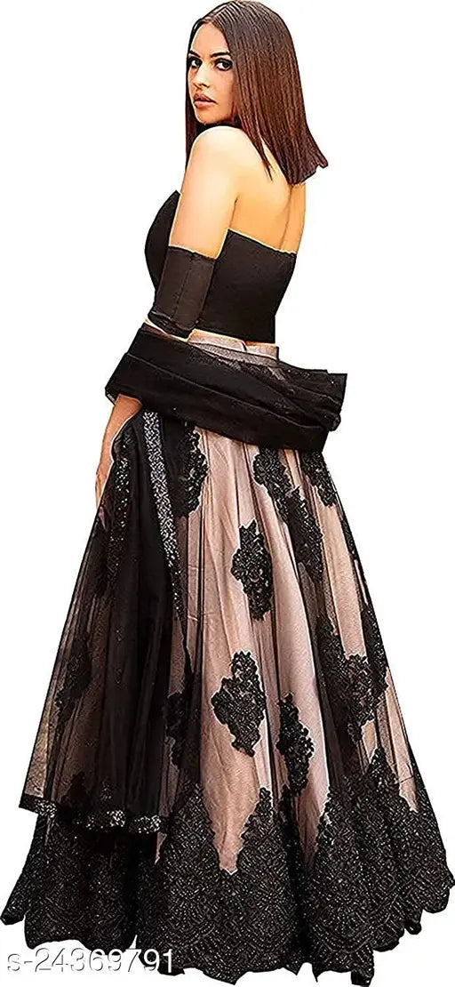Black sen Women Choli and dupatta set, satin top with embroidered net dupatta, semi-stitched free size (Lehenga waist 39m, length 44m, dupatta length 2.25m), Indian origin