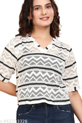 Cotton blend, short-sleeved striped tunic for women, embroidered with lace detail, trendy retro style from India