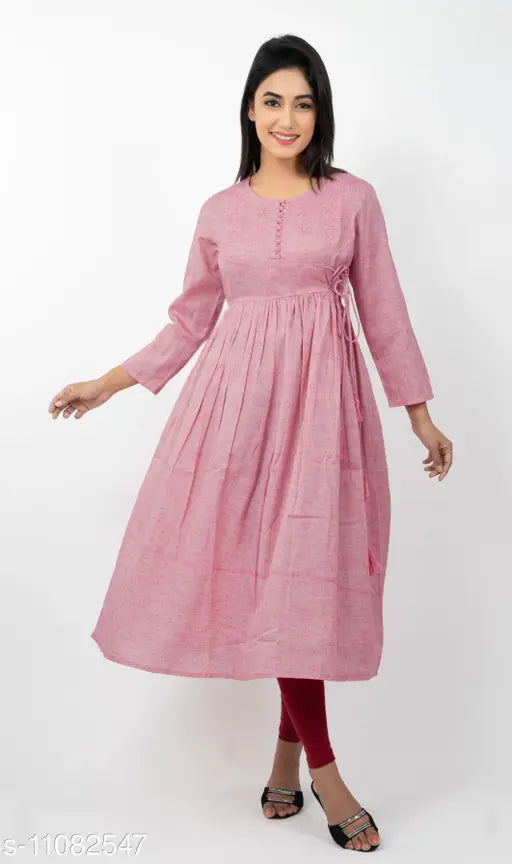 Embroidered cotton women's anarkali kurti, three-quarter sleeves in Indian handwork pattern