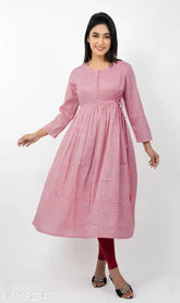 Embroidered cotton women's anarkali kurti, three-quarter sleeves in Indian handwork pattern