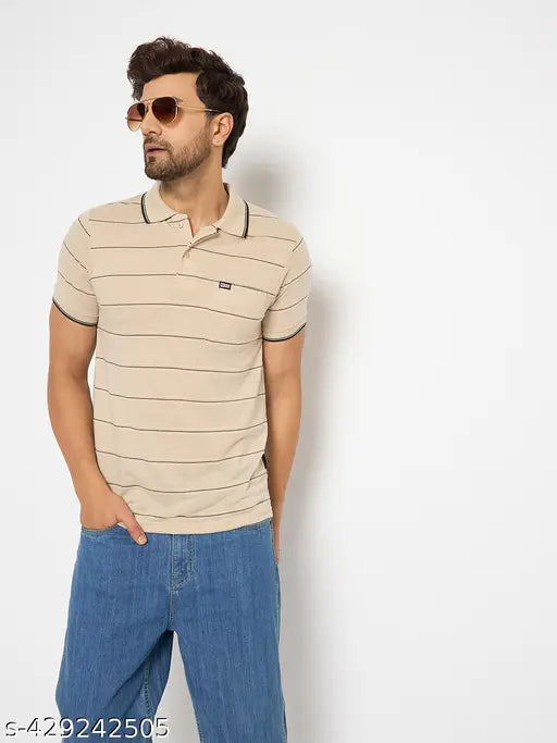 Striped cotton blend polo t-shirt, short sleeves, first krush camel, men's extra large