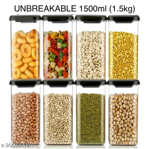 Transparent airtight plastic kitchen storage containers set for masala, cereals, daal, atta, snacks, fryums, and spices. Unbreakable 1500ml capacity with dimensions 10x10x21cm. Pack of 8 from India
