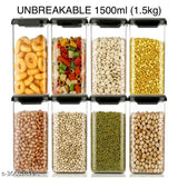 Transparent airtight plastic kitchen storage containers set for masala, cereals, daal, atta, snacks, fryums, and spices. Unbreakable 1500ml capacity with dimensions 10x10x21cm. Pack of 8 from India