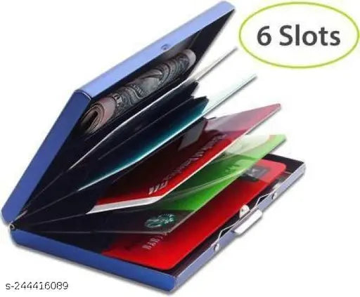 Black aluminum debit card holder with two-fold design, fits comfortably in pocket and protects RFID. Men's accessory for wallet organization, holds up to six cards. Solid style, free size (10cm x 8cm). Made in India
