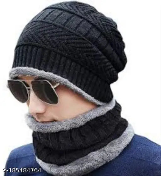 Woolen Thandi Ka Ilaj Muffler and Topa Winter Beanie Hat, Neck Scarf Set. Knitted fur-lined for man and woman