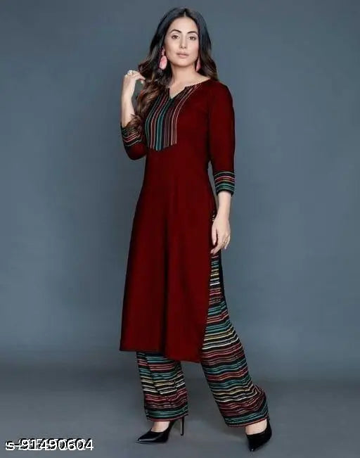 Rayon kurta palazzo set for women, printed with stunning design, three-quarter sleeves & round neck. Indian rayon Kurta designed per latest trends for everyday comfort and high fashion