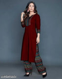 Rayon kurta palazzo set for women, printed with stunning design, three-quarter sleeves & round neck. Indian rayon Kurta designed per latest trends for everyday comfort and high fashion
