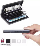 WaterResistant stainless steel business card holder, solid construction, 5 compartments for 6 cards or 7 with bills, portable and slim design