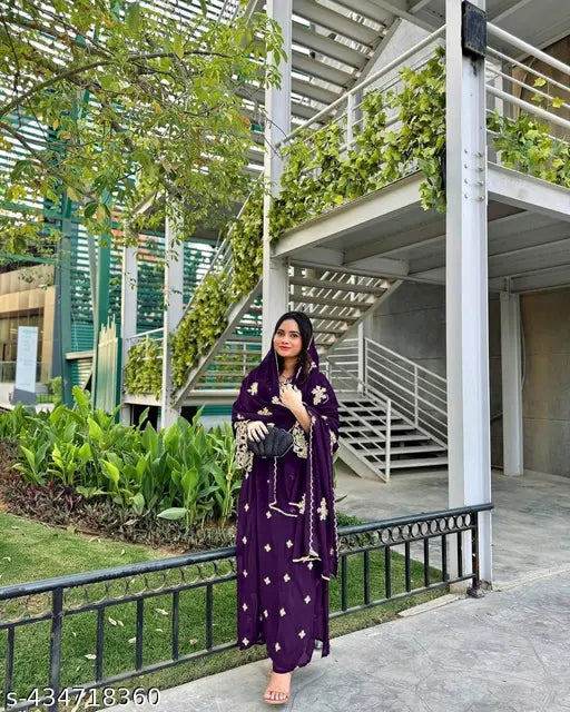Georgette with heavy embroidery and purple sequin work, Indian cocktail dress set with plazzo bottom and dupatta, perfect for formal events or special occasions