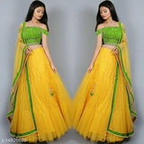 Winter collection net semi-stitched embroidered lehenga choli and dupatta in satin fabric, lace detail