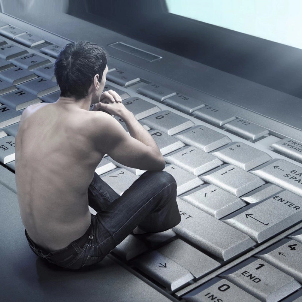 Man sitting with 100% high-quality keyboard mobile case cover, lightweight and scratch-resistant for all phone models