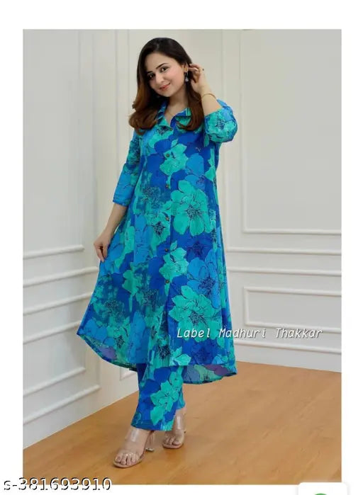 Blue cotton Alia cut kurta set with palazzo bottoms, three-quarter sleeves, printed net pattern. Indian premium floral women's Kurta and bottomwear set on hanger