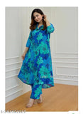 Blue cotton Alia cut kurta set with palazzo bottoms, three-quarter sleeves, printed net pattern. Indian premium floral women's Kurta and bottomwear set on hanger