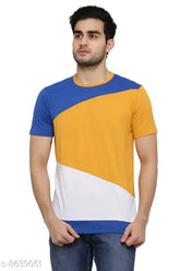 Multicolor cotton blend half t-shirt, short sleeved colorblocked top on hanger