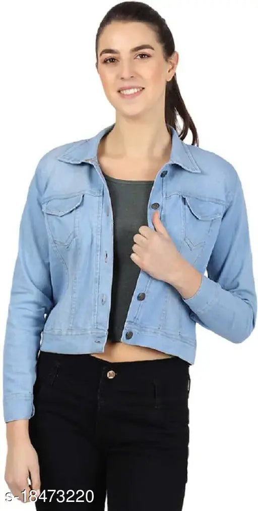 Light blue denim solid cotton jacket for girls, full sleeve with long sleeves