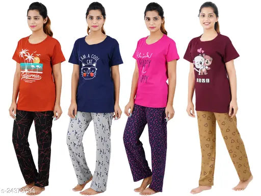 Rani Pink-Love, Maroon Combo Pack: Women's cotton printed loungewear set with pyjamas in California Rust-Cool Cat pattern