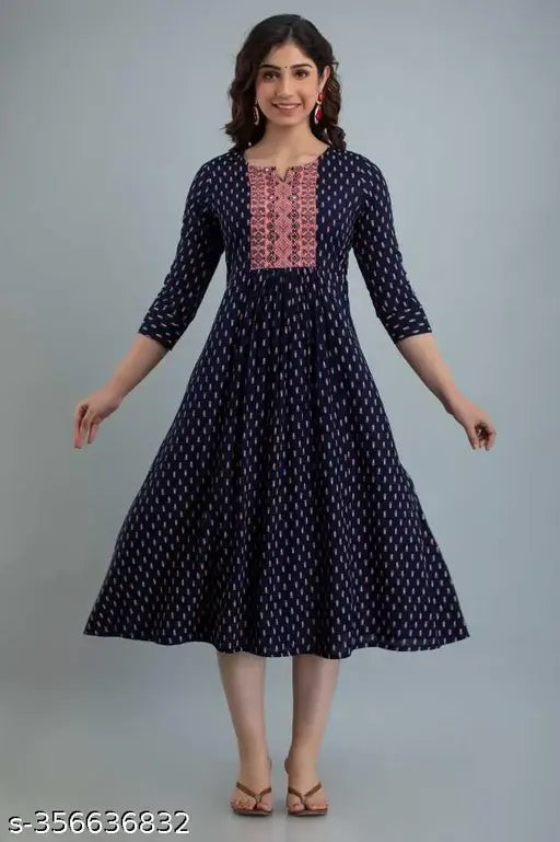 Rayon Fastival kurti with embroidery, printed combo for Diwali festive wear, three-quarter sleeves