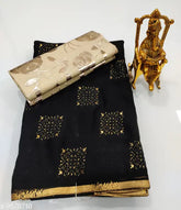 Evergreen chiffon saree with printed zari woven net, separate jacquard blouse piece, free size, India origin