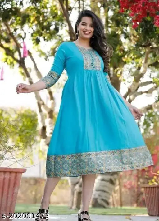 Rayon A-Line kurti, trandy sky blue border print on solid background, three-quarter sleeve length. S (36in bust), M (38in bust), L (40in bust), XL (42in bust), XXL. Indian-made Anarkali kurta fashion