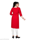 Red embroidered rayon straight kurta with three-quarter sleeves, popular girls' clothing from India