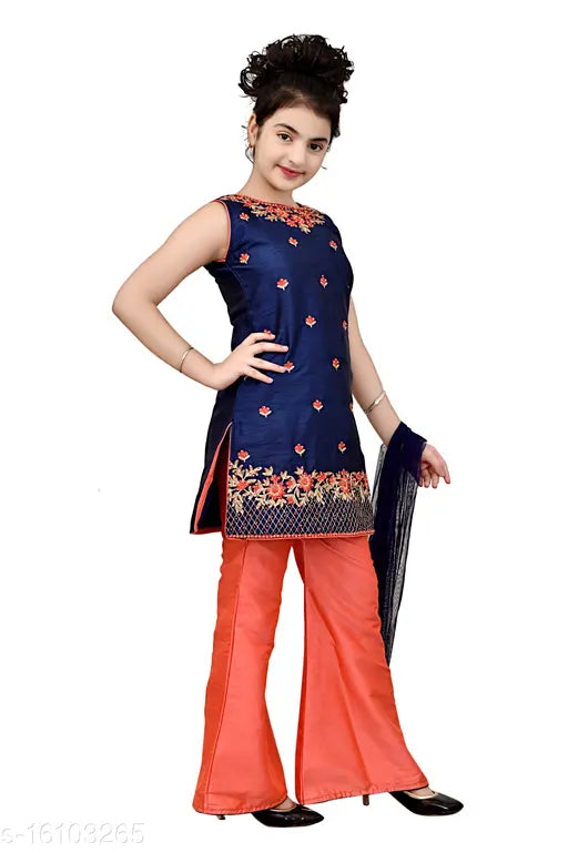 Silk three-quarter sleeve self-design net dress for kids, 4-5 to 9-10 years, handcrafted in India