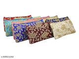 Six Zari Printed Multi-Colored Fabric Potli Purses, raw silk, embroidered net, suitable for weddings and parties (12.5x24.5 cm each)