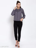 Grey polyester long-sleeve top, three-quarter sleeves, solid pattern, V-neck, lace-up with flounce and balloon sleeve - Style Quotient women's top on hanger, India origin