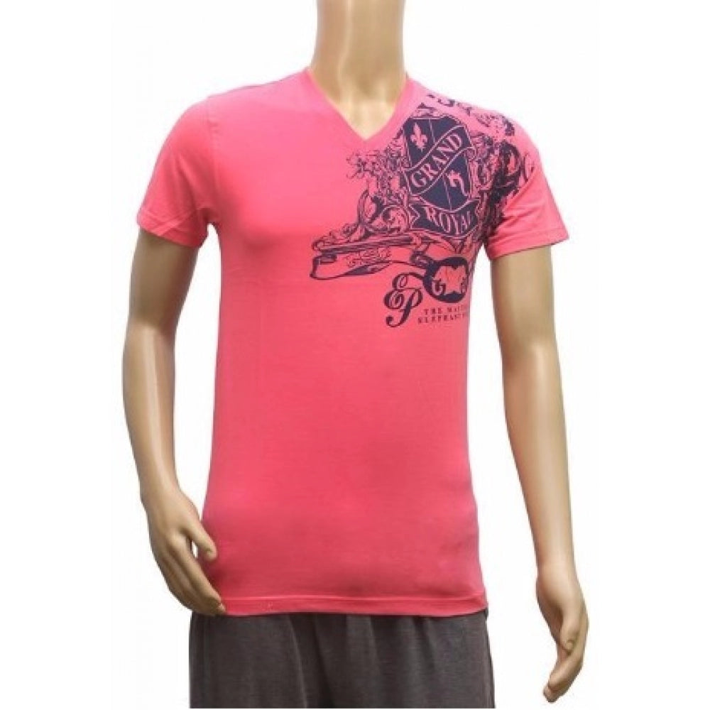 Dark pink hosiery mix men's v-neck half sleeve t-shirt, fashionable printed design
