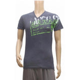 Greyish blue hosiery mix printed men's v-neck t-shirt (half sleeve), mens casual fashion apparel on model
