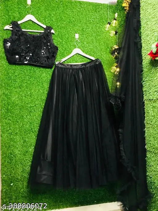 Black velvet & net Phrill lehenga, semi-stitched with unstitched blouse, intricate zari work