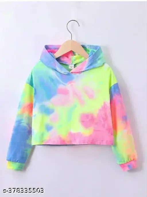 Stylish cotton-blend crop top hoodie, full sleeve with tie dye pattern for kids (3-4yrs - 8-9yrs), Indian craftsmanship, casual & party wear
