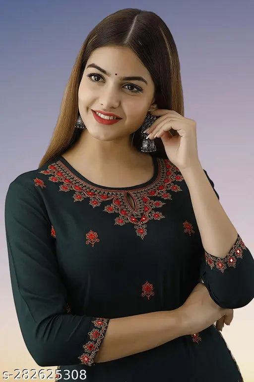 Dark green rayon embroidered kurta with three-quarter sleeves, perfect for Indian traditional wear