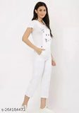 White cotton jumpsuit for women with shirt, solid design on model standing