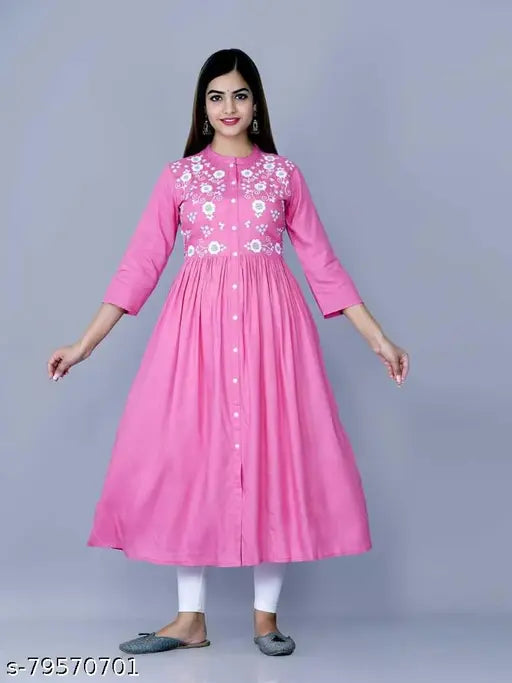 Rayon embroidered kurti for women, three-quarter sleeves, XL (42in bust, 48in size length). Classy Indian fashion for weddings and occasions