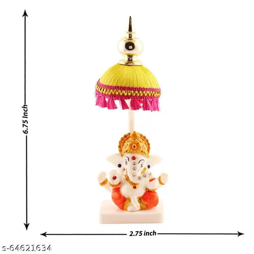 Marble & Polyresin Mukut Ganesh Idol with Fabric Chatri Stand - Decor for car, office, study, or home; divine symbol of good fortune and success