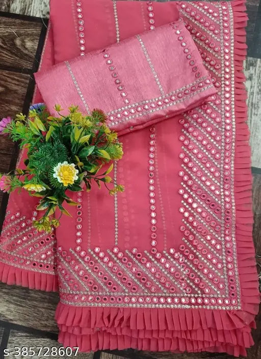 Georgette sari with 9mm sequin embroidery, perfect for parties, festivals, and weddings. Embellished blouse in satin fabric