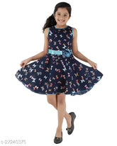Blue Kids Cave dress, knee length printed rayon fit and flare dress, size 3 years to 12 years (self-design net, single). Indian kids fashion brand with crepe sleeves and sleeveless design, suitable for Indian children's needs and daily wear