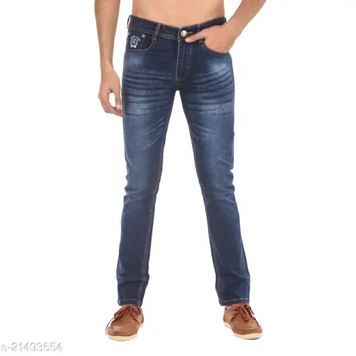Denim dyed/washed men's slim fit jeans, MHMNRPWASHBL_Blue by ModHub. High-quality stretchable fabric for casual, party, or office wear. Available in sizes 28, 30 (30in waist, 40in length), and 32, 34. Made in India