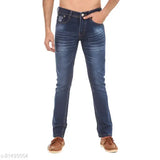 Denim dyed/washed men's slim fit jeans, MHMNRPWASHBL_Blue by ModHub. High-quality stretchable fabric for casual, party, or office wear. Available in sizes 28, 30 (30in waist, 40in length), and 32, 34. Made in India