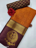 Soft South silk Maharashtrian Paithani saree in free size, intricate zari woven design on neutral background