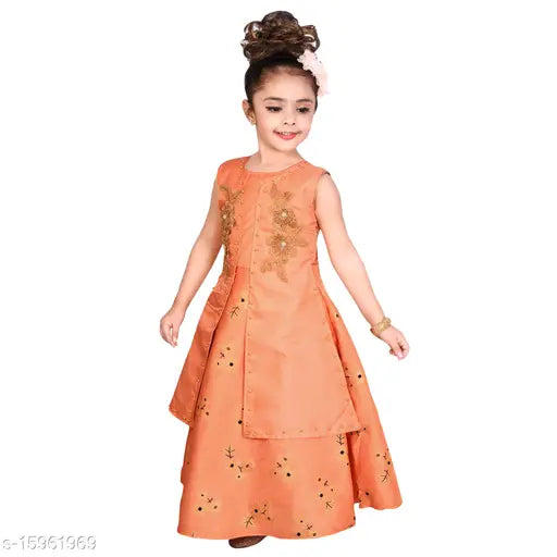 Orange silk blend embroidered long gown dress for girls by Hariyal Creation, sleeveless, 3-4 years size