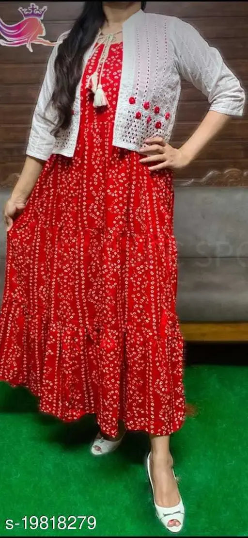 Rayon flared kurti, trendy Alena print design for women, sleeveless, Indian origin