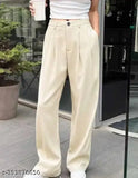 Formal, non-stretchable cotton blend high waist pants for women - ideal for casual wear & office wear trousers, solid color design