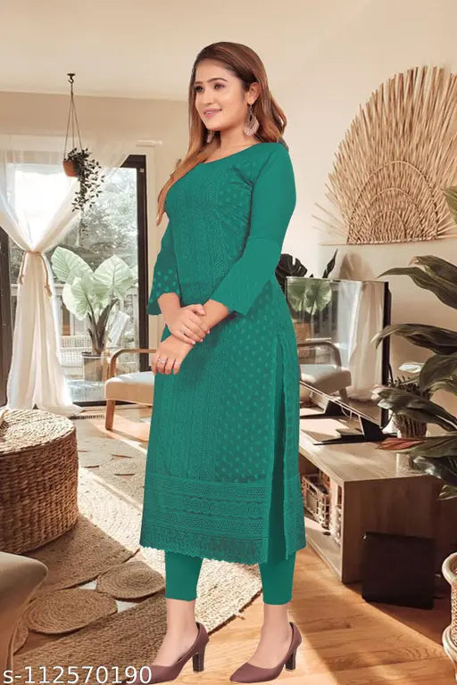 Georgette Chikankari Lukhnawi Kurti, single-colored Indian dress with faux georgette lukhnavi embroidery, suitable for various occasions like ceremonies, evenings, parties, or festivals. Available in sizes XS to XXXL