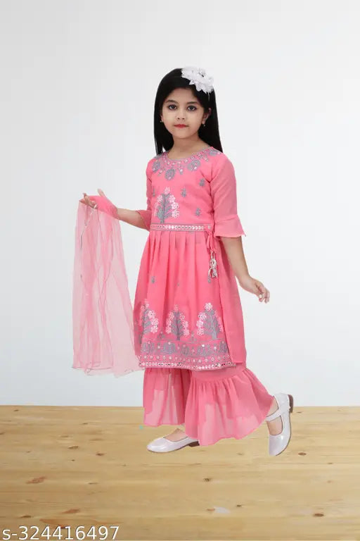 Pink Georgette Tomato Lahera set for girls, embroidered net three-quarter sleeve dress