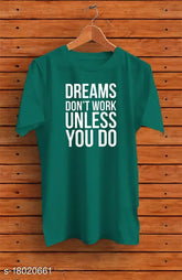 Oxford blue cotton half round neck T-shirts for men, printed with 'Dream Don't Work' phrase. Single item in sizes S, M, L, XL from India