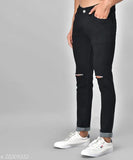 Black denim men's slim fit knee-cut jeans, size 28/30/32 from StyleFit, solid pattern on display