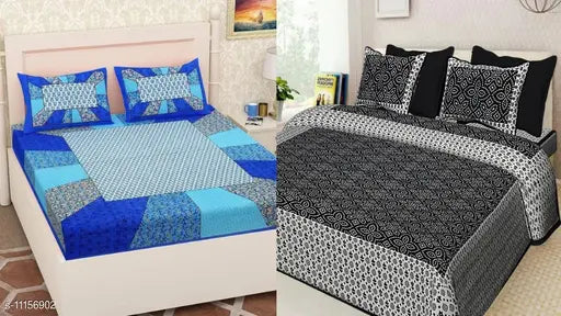 Double bed cotton sheets combo pack (4 pillow covers), Jaipuri print with queen-size pillows, India origin